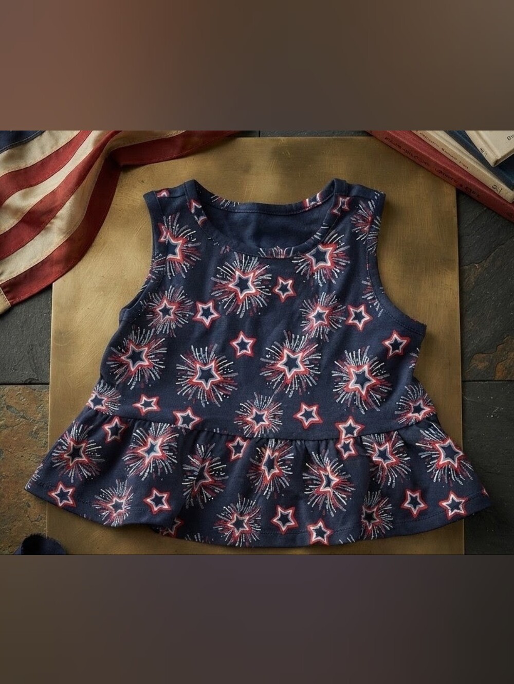 Celebrate It Navy Red and White Starburst Peplum Tank Top